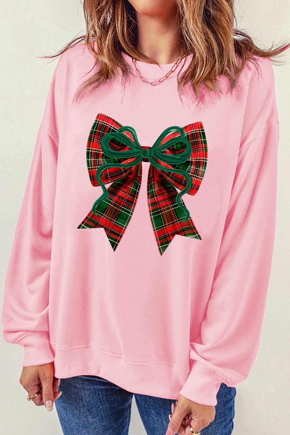 Pink Plaid Bow Christmas Vibe Print Sweatshirt
