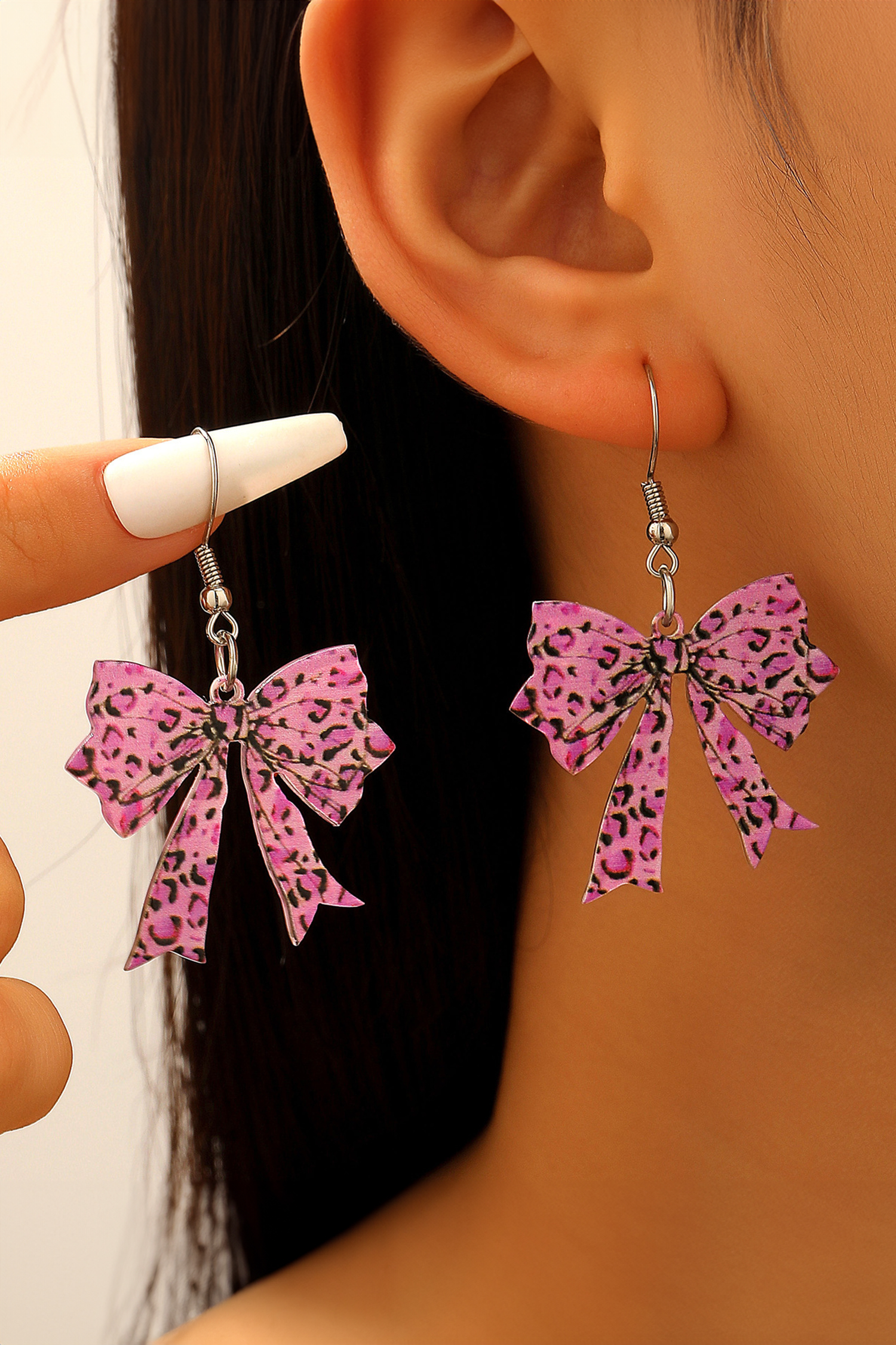 Cinnamon Stylish Leopard Printed Bow Stainless Hook Earrings