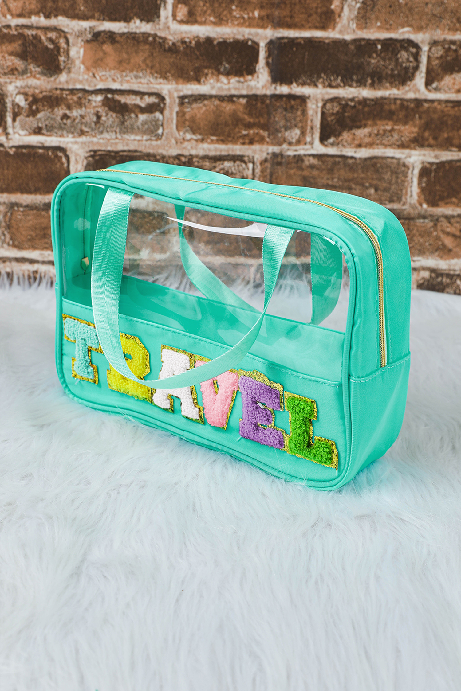Light Pink TRAVEL Chenille Letter Clear PVC Makeup Bag