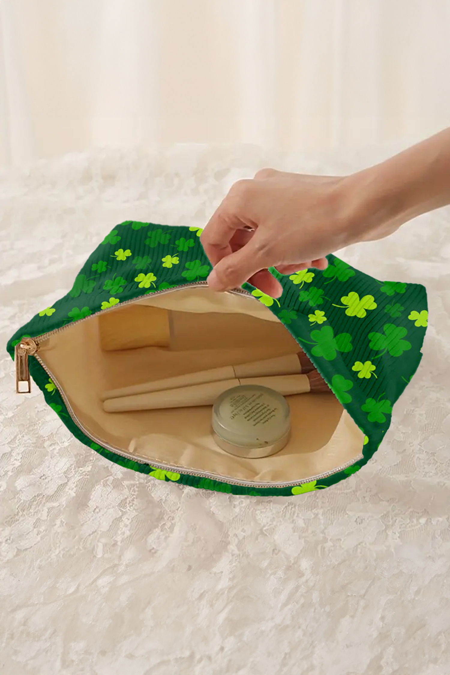 Blackish Green St Patricks Lucky Clover Printed Soft Ribbed Makeup Bag