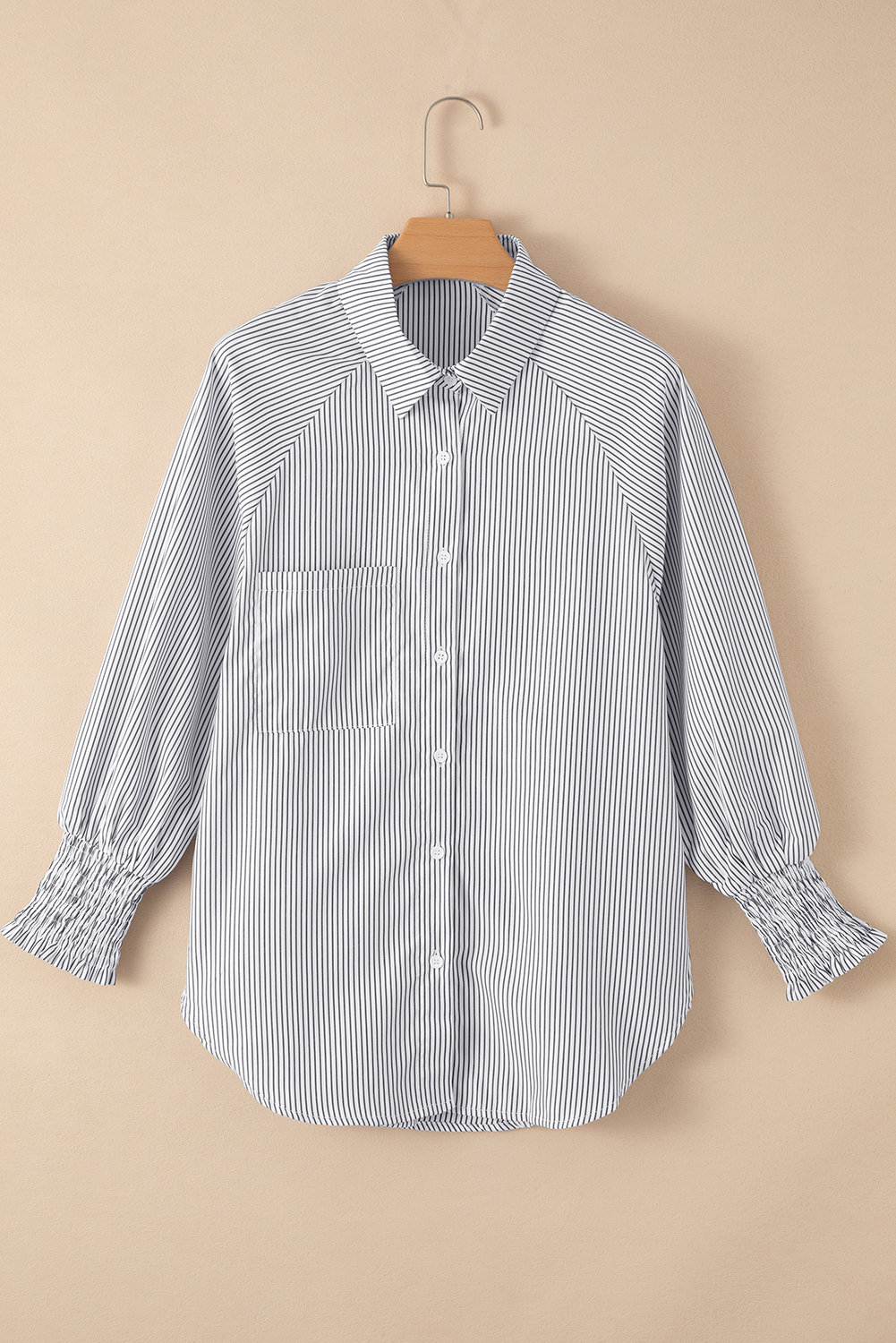 Red Stripe Smocked Cuffed Striped Boyfriend Shirt with Pocket