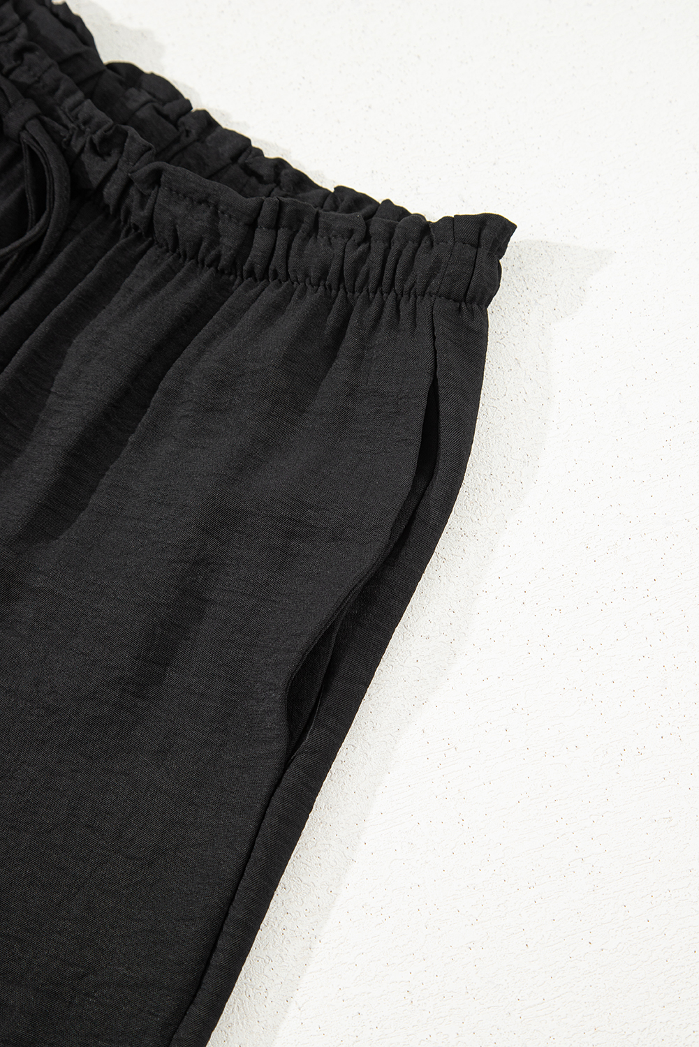 Black Drawstring Frilled Elastic Waistband Wide Leg Utility Trousers