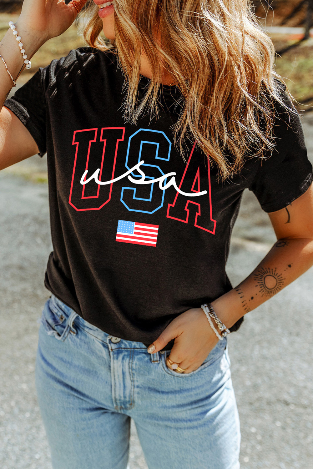 Black USA Letter American Flag Print Casual T Shirt