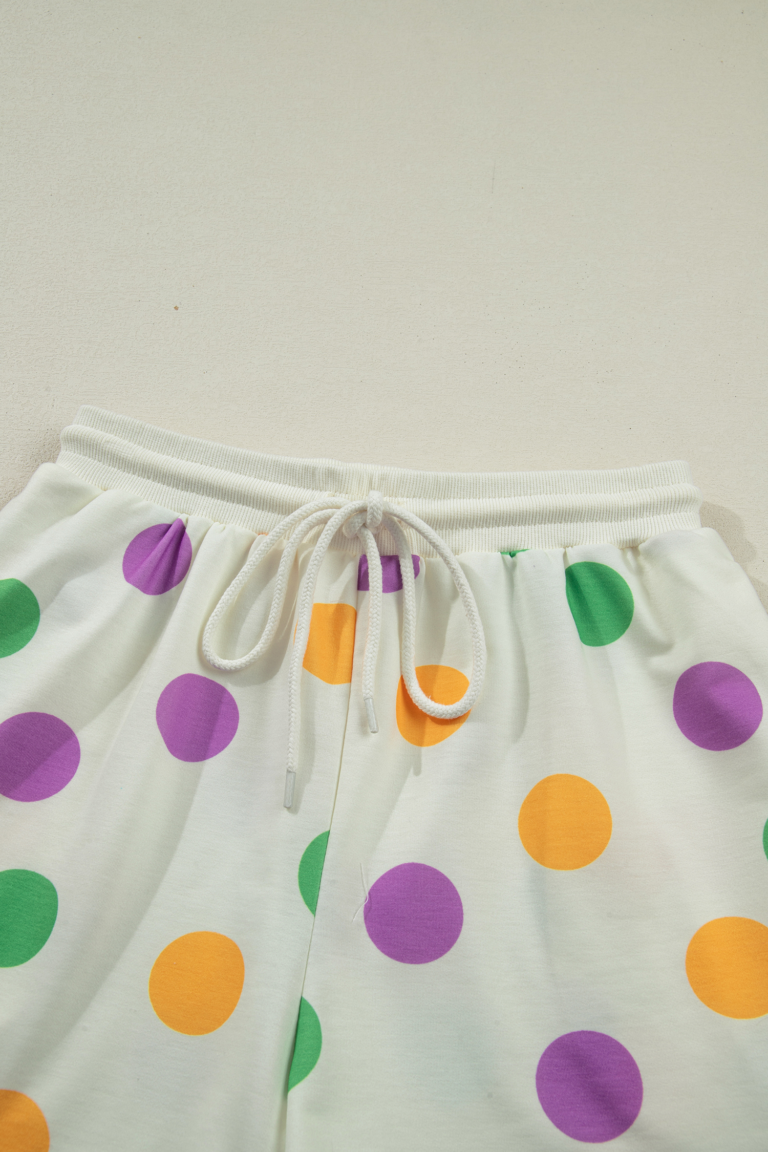 Beige Polka Dot Print Drop Shoulder Pullover Drawstring Jogger Pant Set