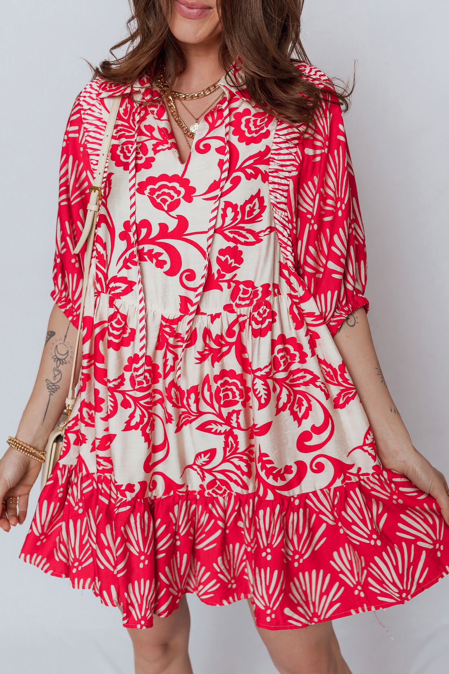 Red Collared V Neck Half Sleeve Loose Flower Mini Dress