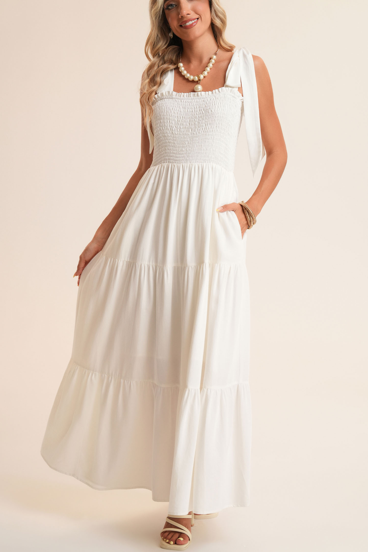 White Customizable Knot Straps Smocked Bodice Tiered Blank Maxi Dress