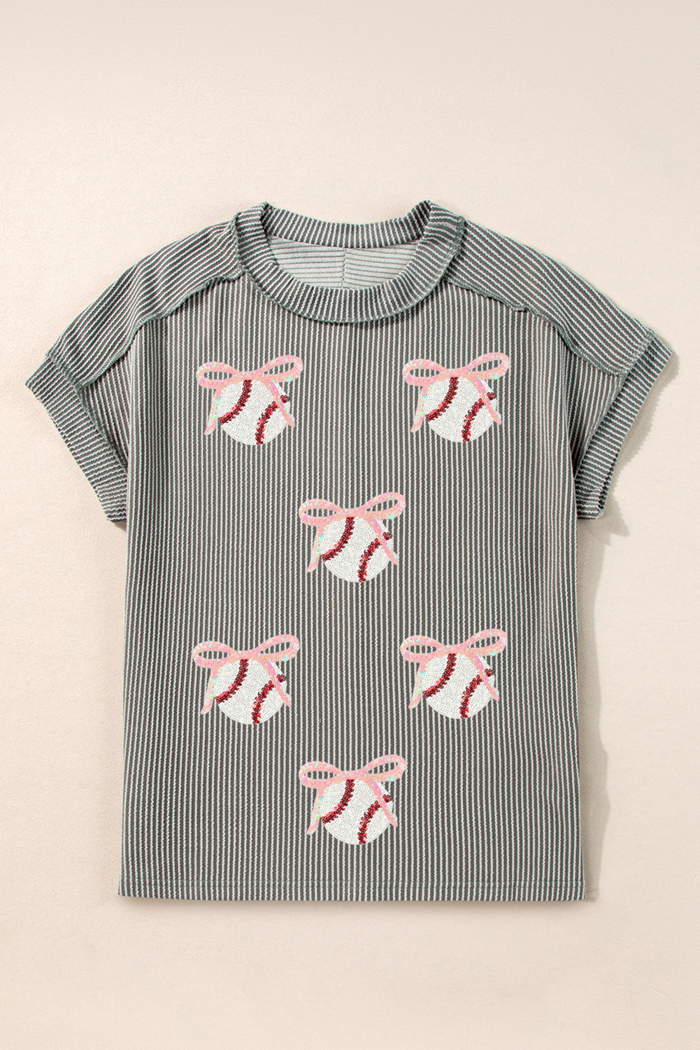 Medium Grey Twist Ribbed Sequined Bow Rugby Game Day Pattern Knit T Shirt