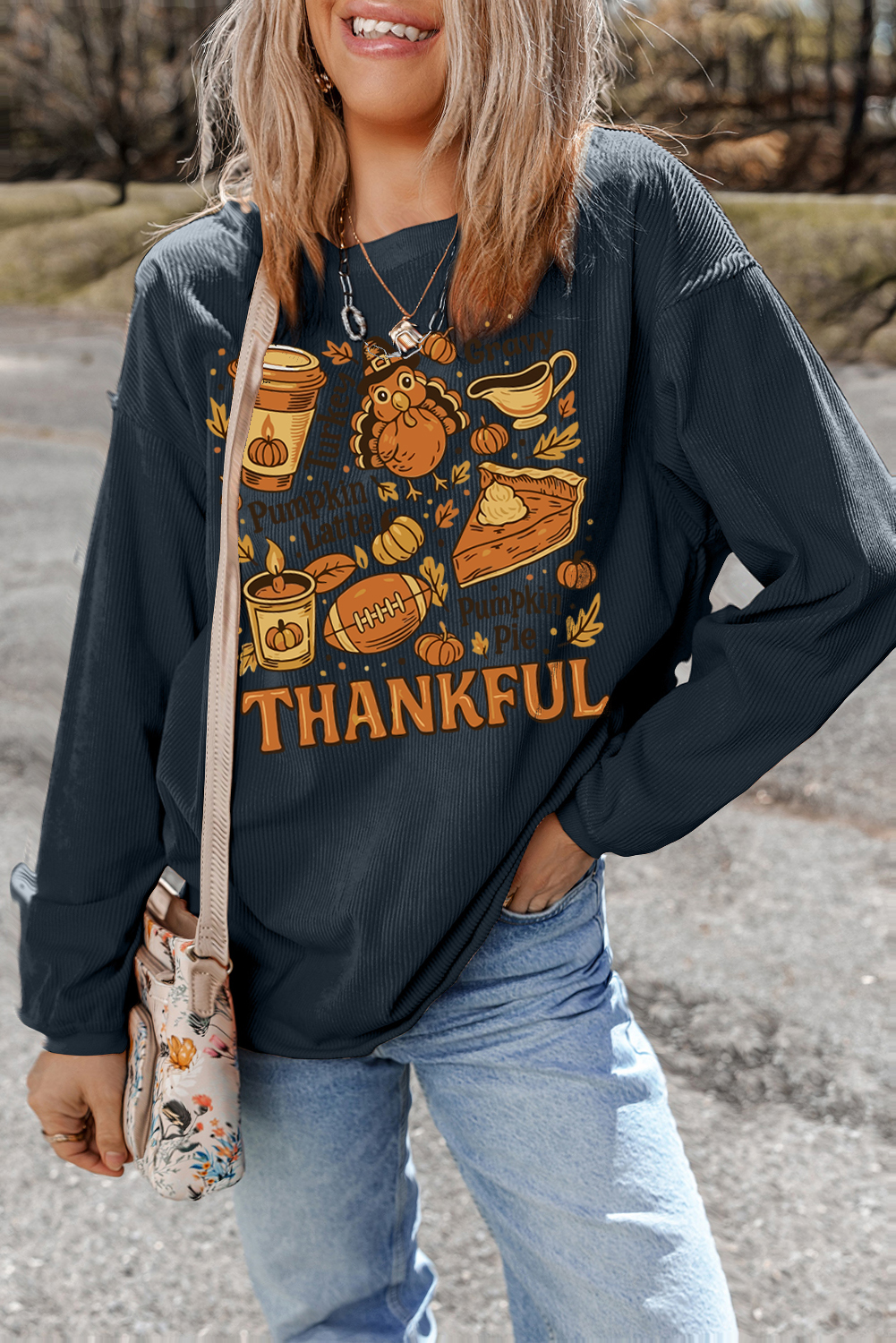 Dark Grey Twisted Ribbed THANKFUL Fall Fashion Printed Baggy Sweatshirt