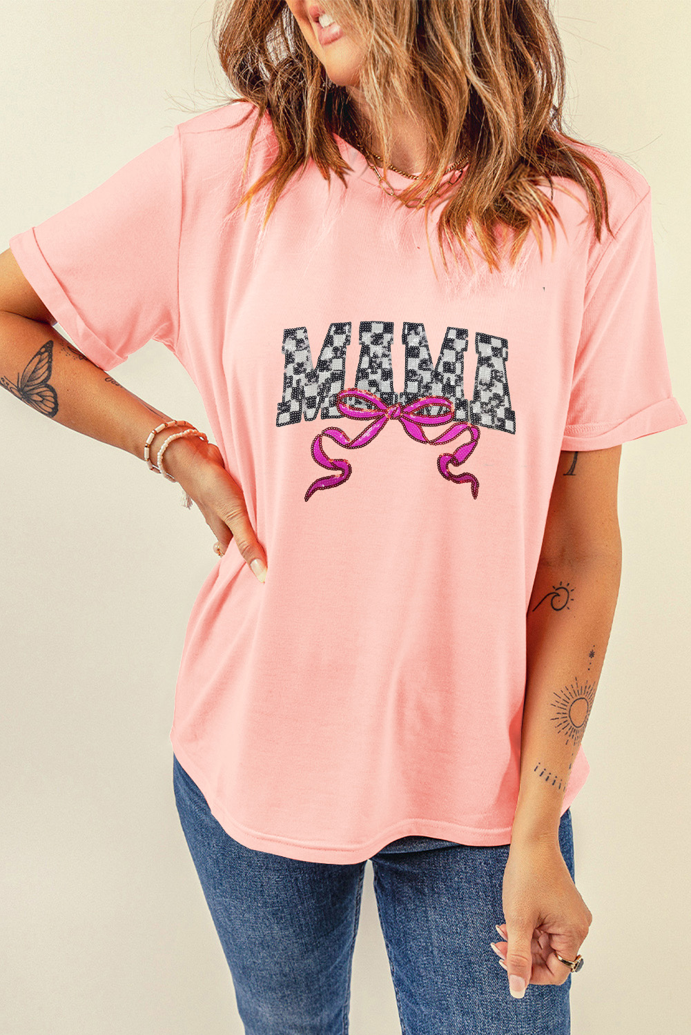 Pink Sequin Checkered MAMA Bow Graphic T Shirt
