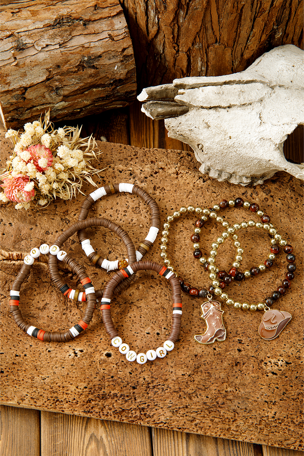Coffee HOWDY COWGIRL Western Beaded 7pcs Stretch Bracelet Set