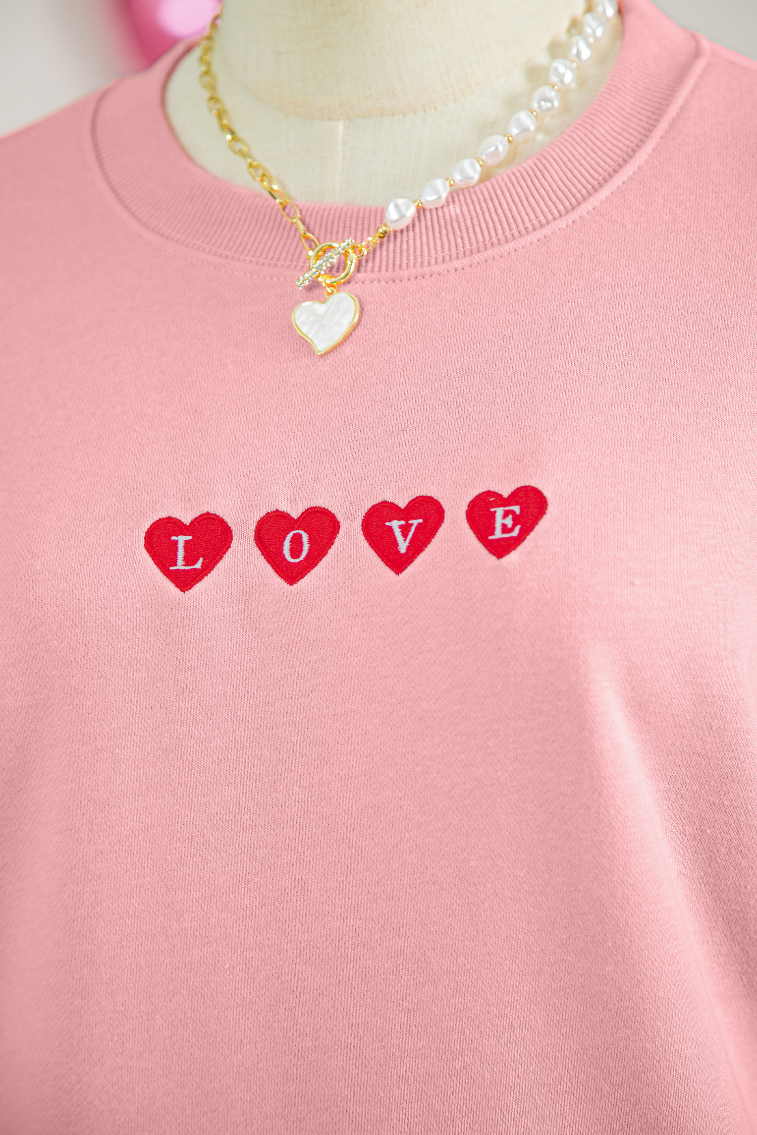 Pink LOVE In Hearts Embroidered Graphic Sweatshirt