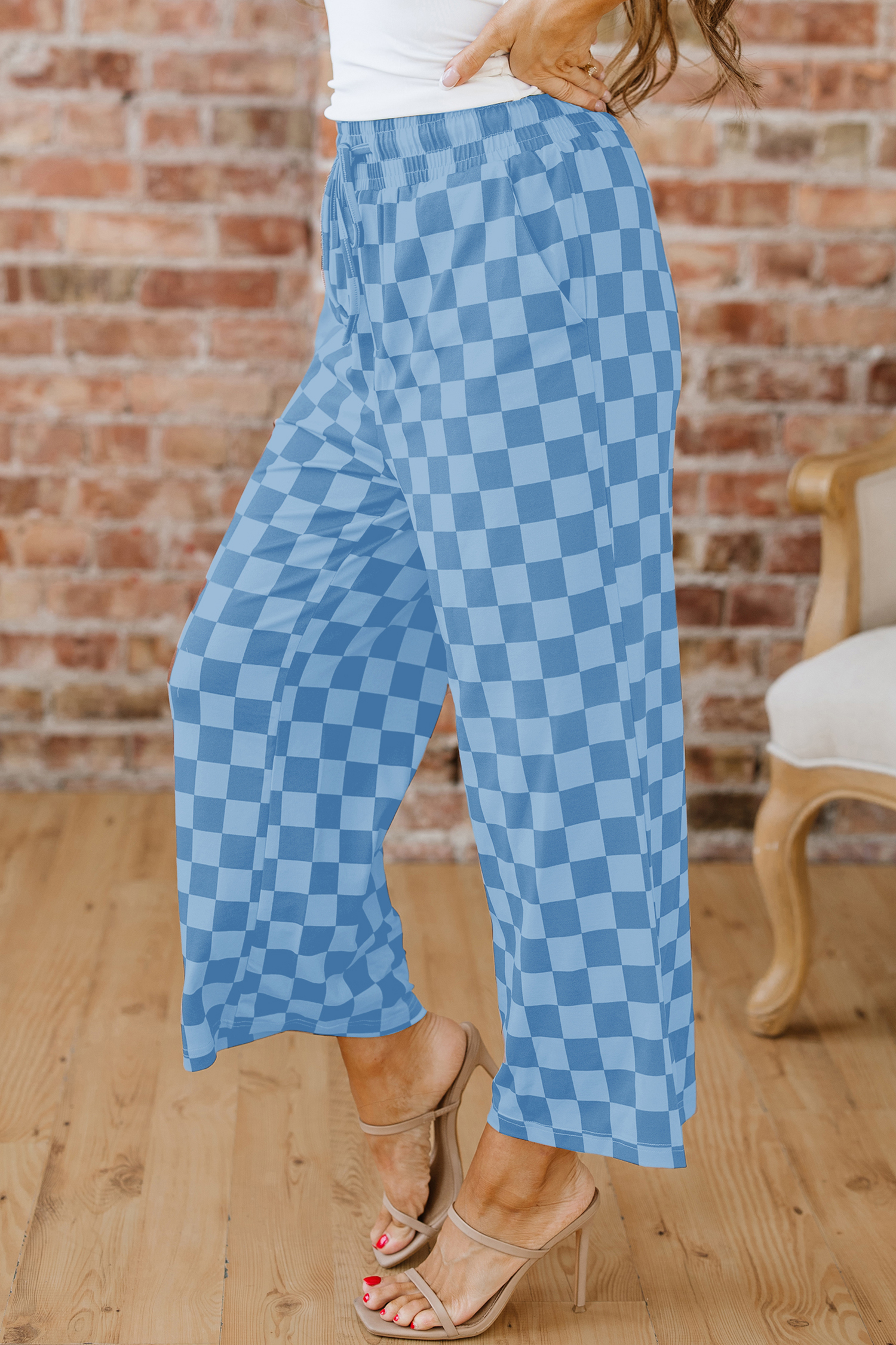 Khaki Checkered Elastic High Waist Loose Casual Pants