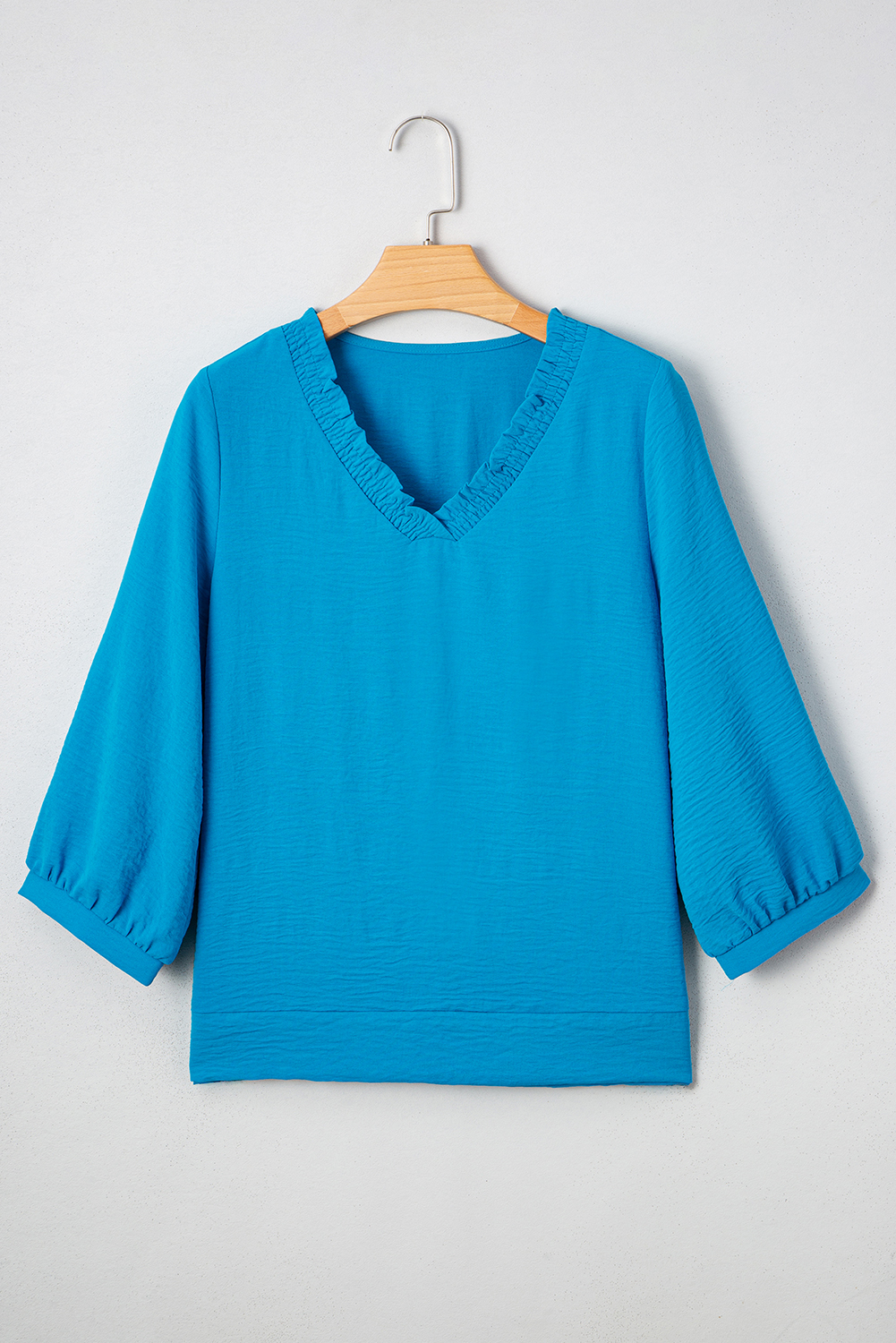 Sky Blue Frilled V Neck Bracelet Sleeve Shift Mini Dress