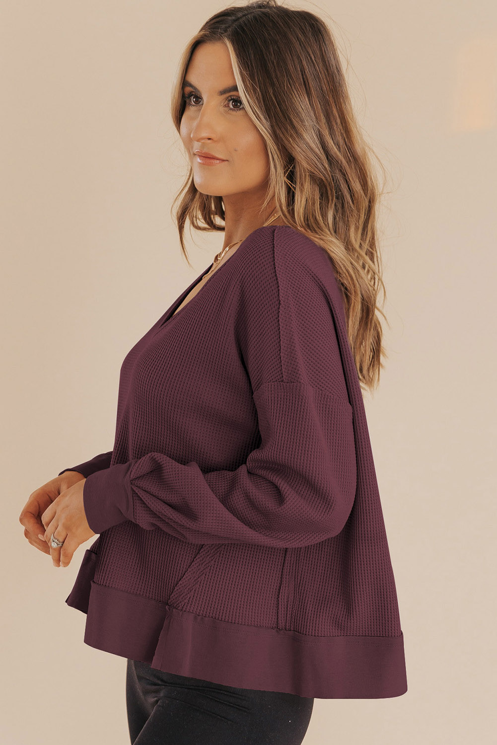 Dark Brown Waffle Knit Notched V Neck Drop Shoulder Solid Sweatshirt