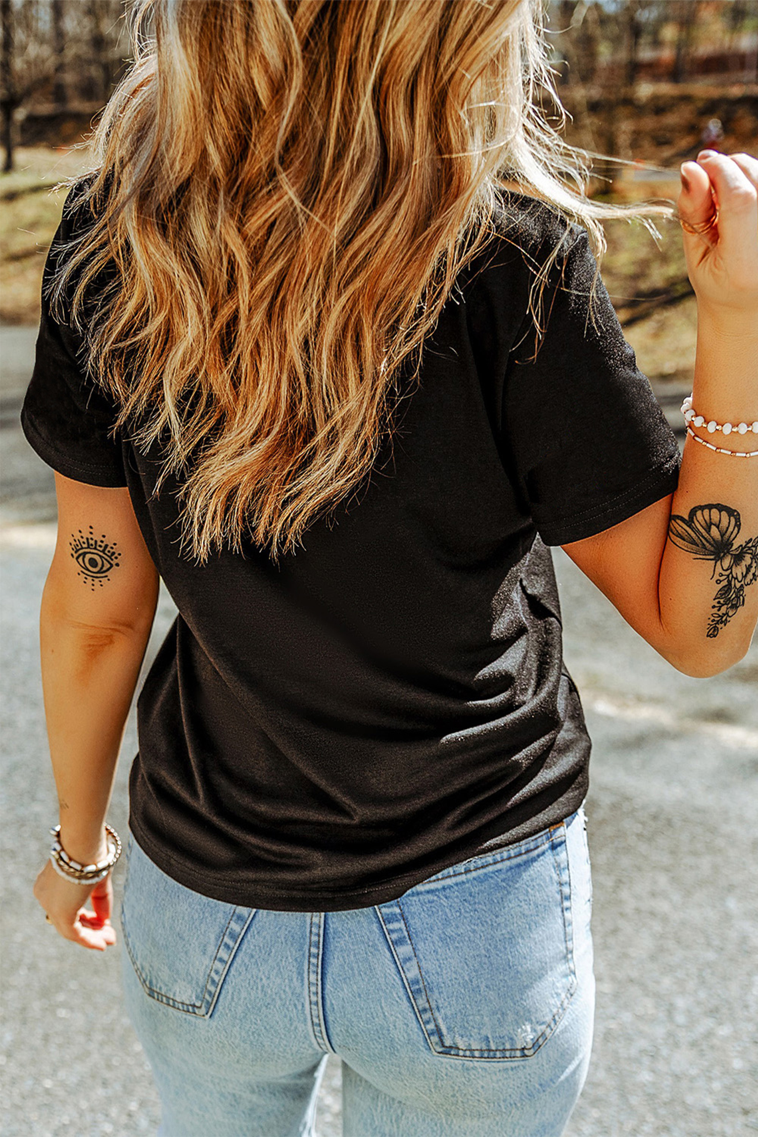 Black St Patricks Day Rhinestone Clover Round Neck Tee