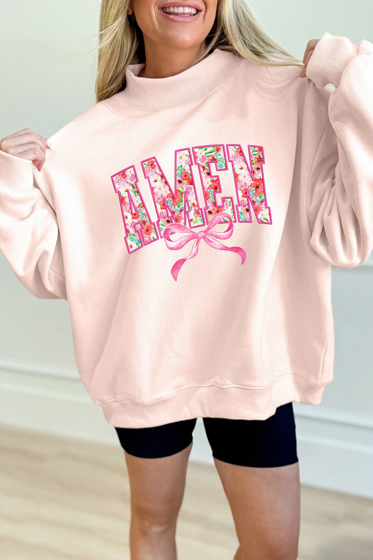 Apricot Pink AMEN Floral Bow Printed Mock Neck Sweatshirt
