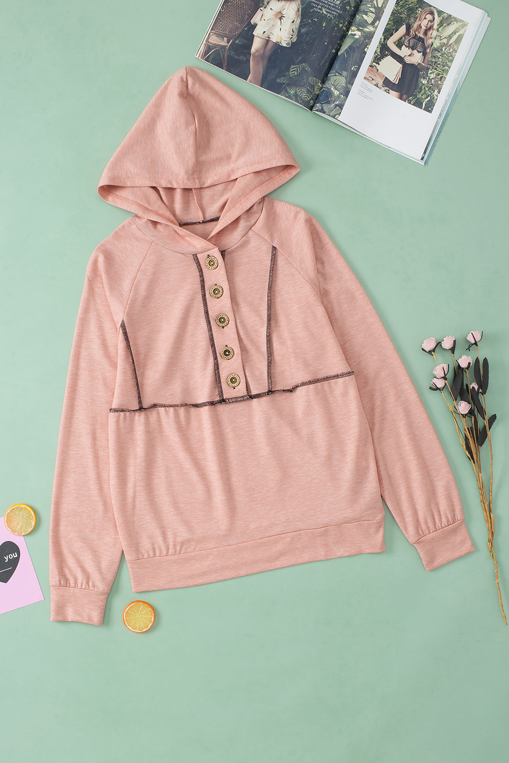 Pink Buttons Front Princess Line Out Seam Hoodie