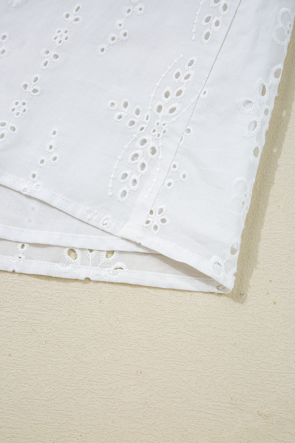 White Eyelet Embroidered Smocked Cuff Sheer Blouse