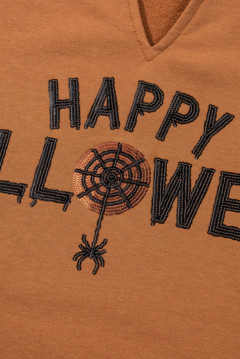 Medium Grey Sequin Happy Halloween Graphic Notched Neck Long Sleeve Loose Top