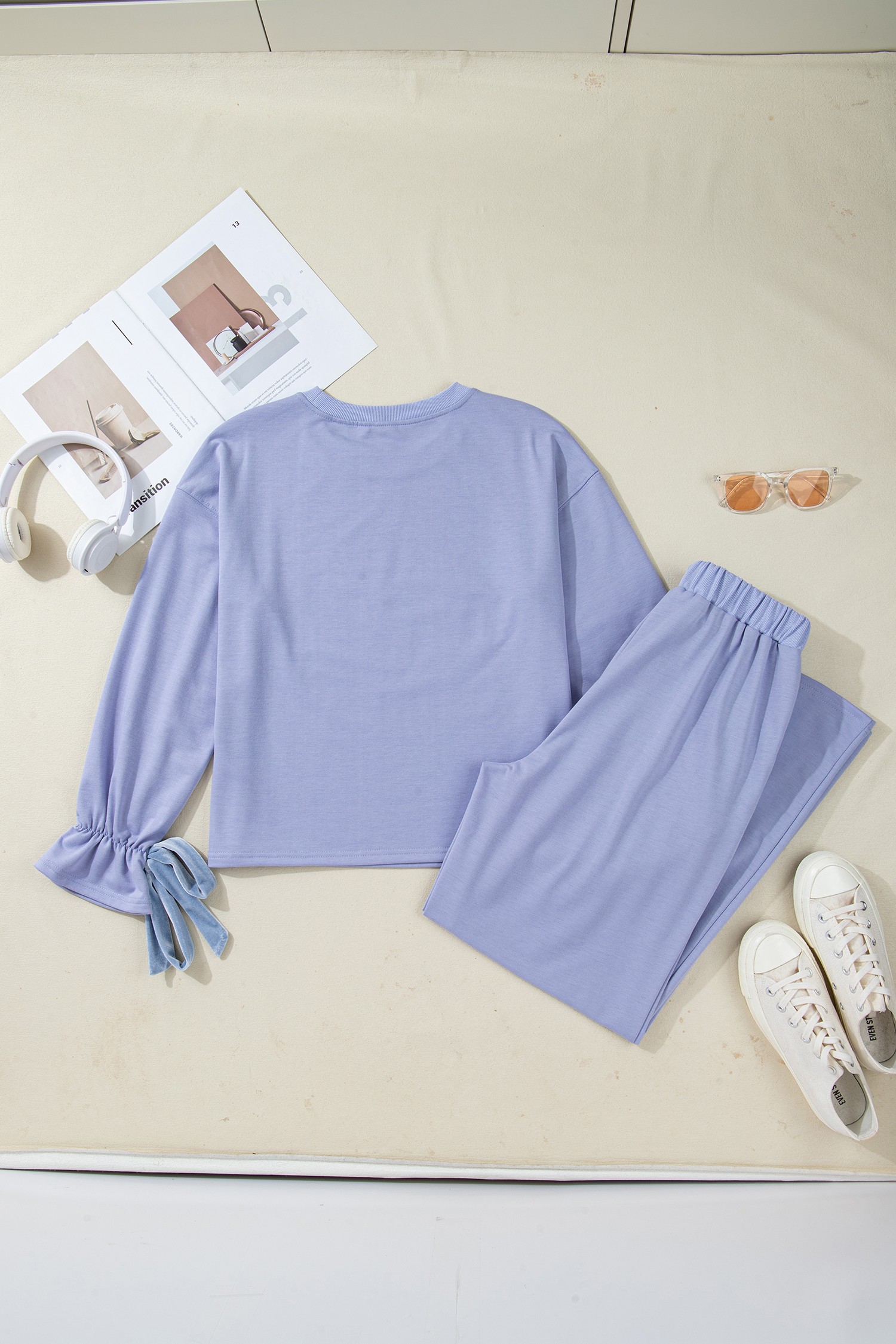 Beau Blue Flounce Long Sleeve Top Drawstring Pants Contrast Velvet Bow Knot 2pcs Lounge Set