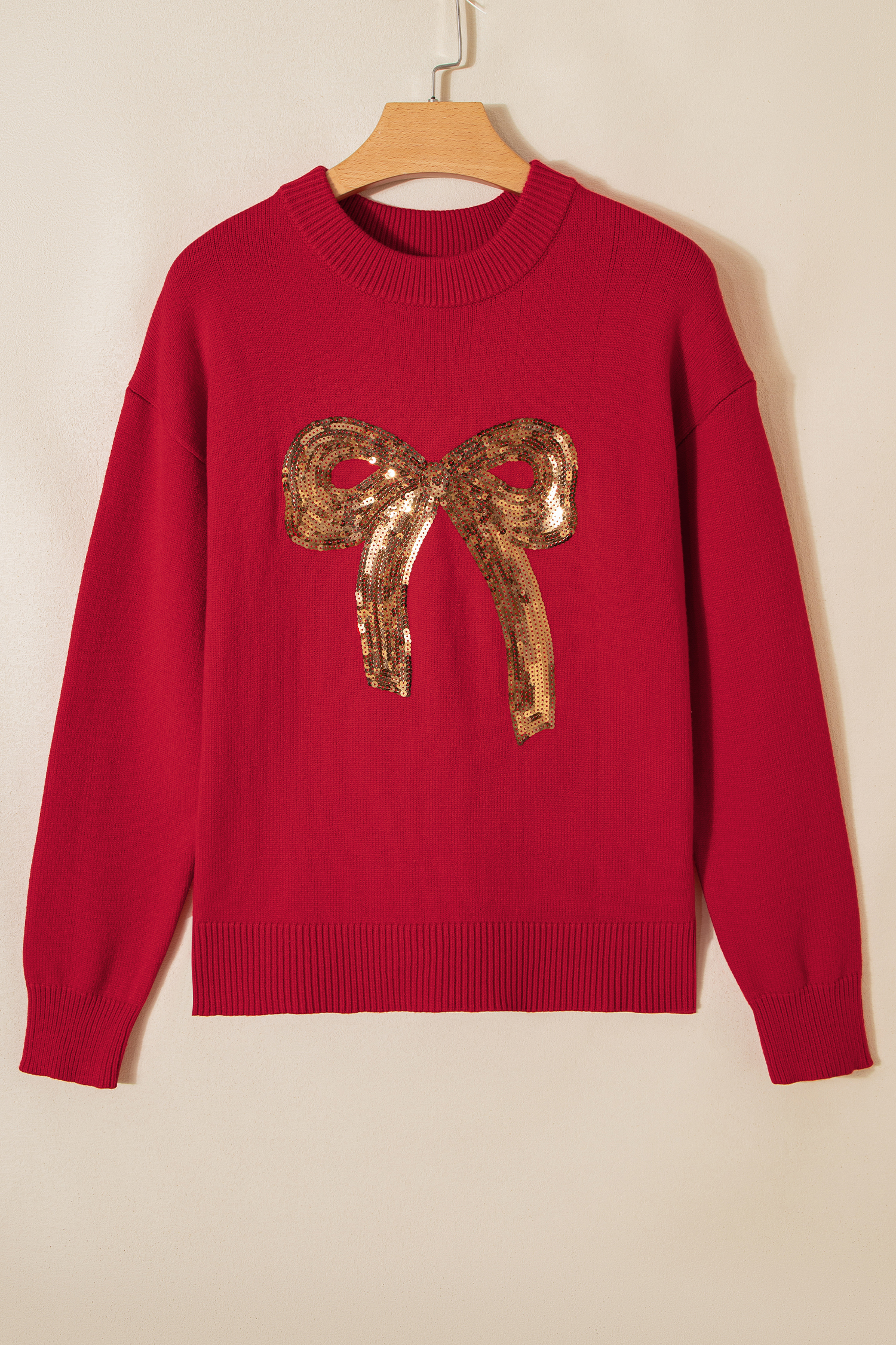 Rose Red Sequined Bow Graphic Christmas Holiday Sweater