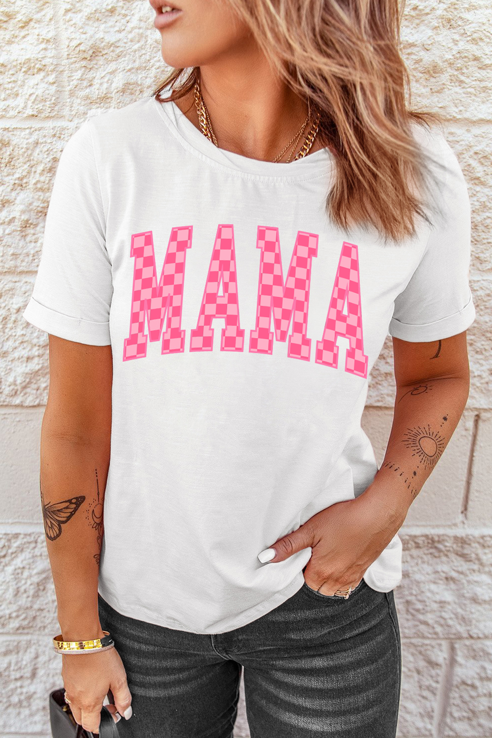 White Checkered MAMA Letter Graphic T Shirt