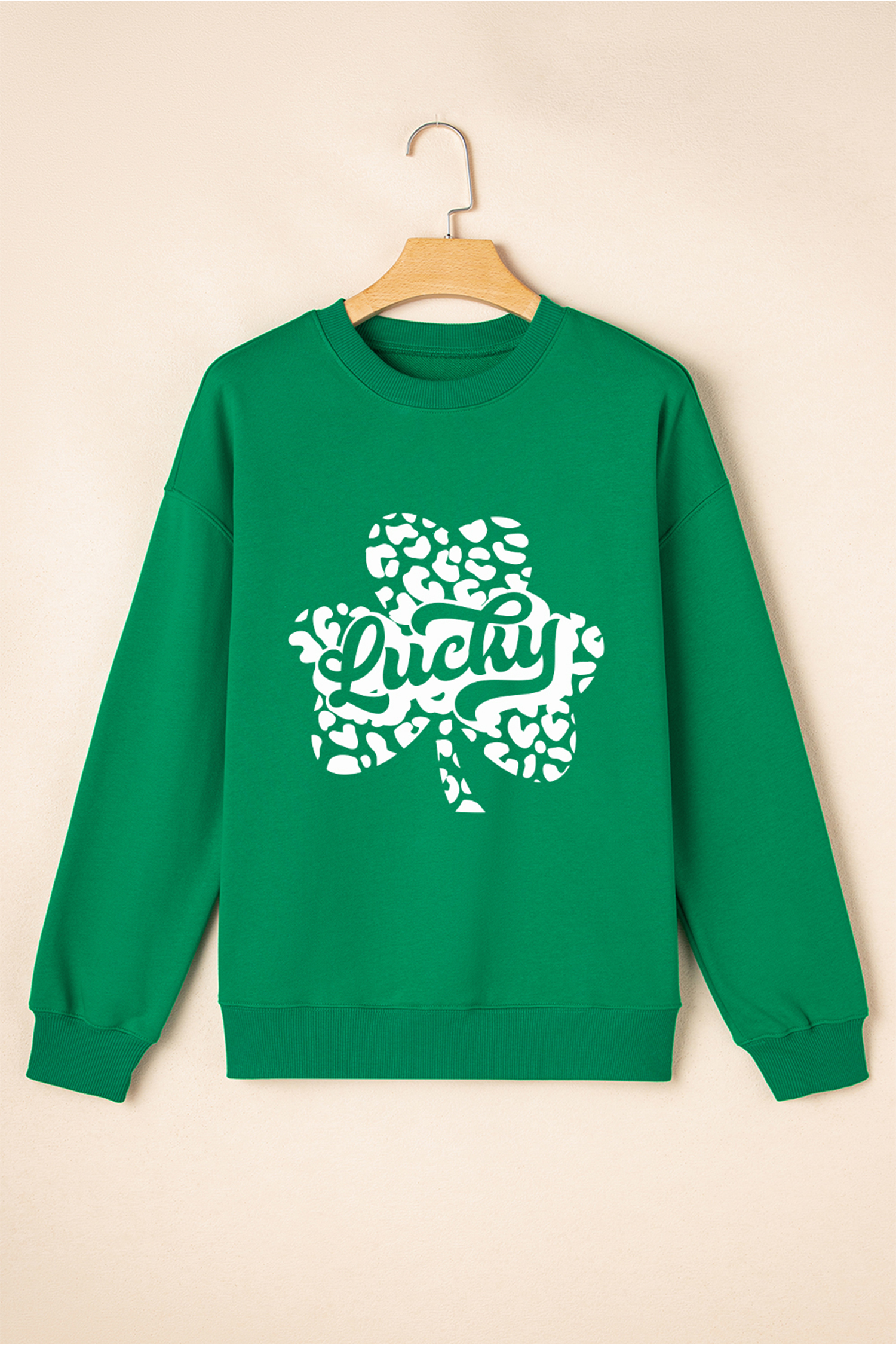 Dark Green Lucky Leopard Clover Dropped Shoulder Sweatshirt