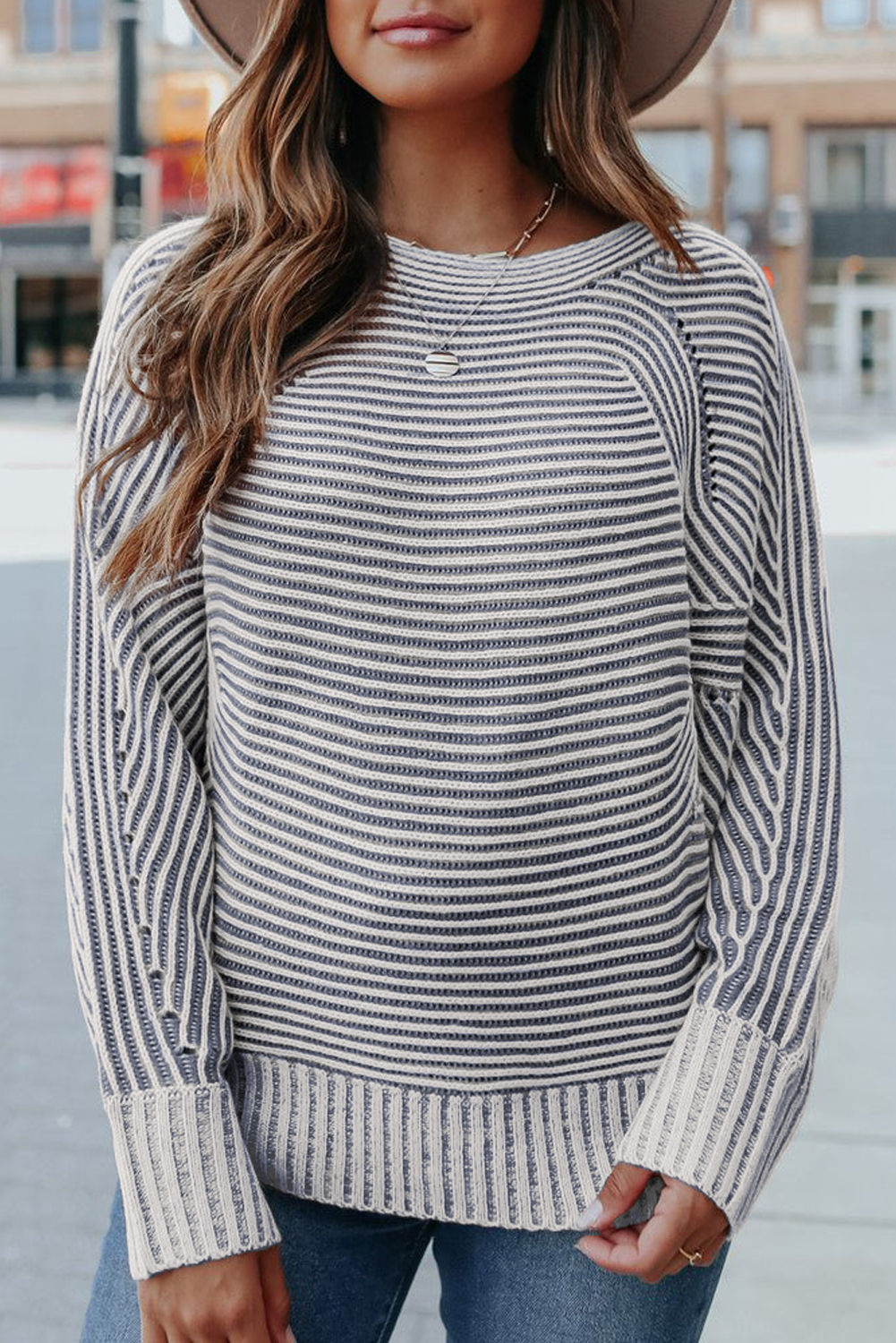 Coffee Striped Print Ribbed Knit Boat Neck Baggy Sweater