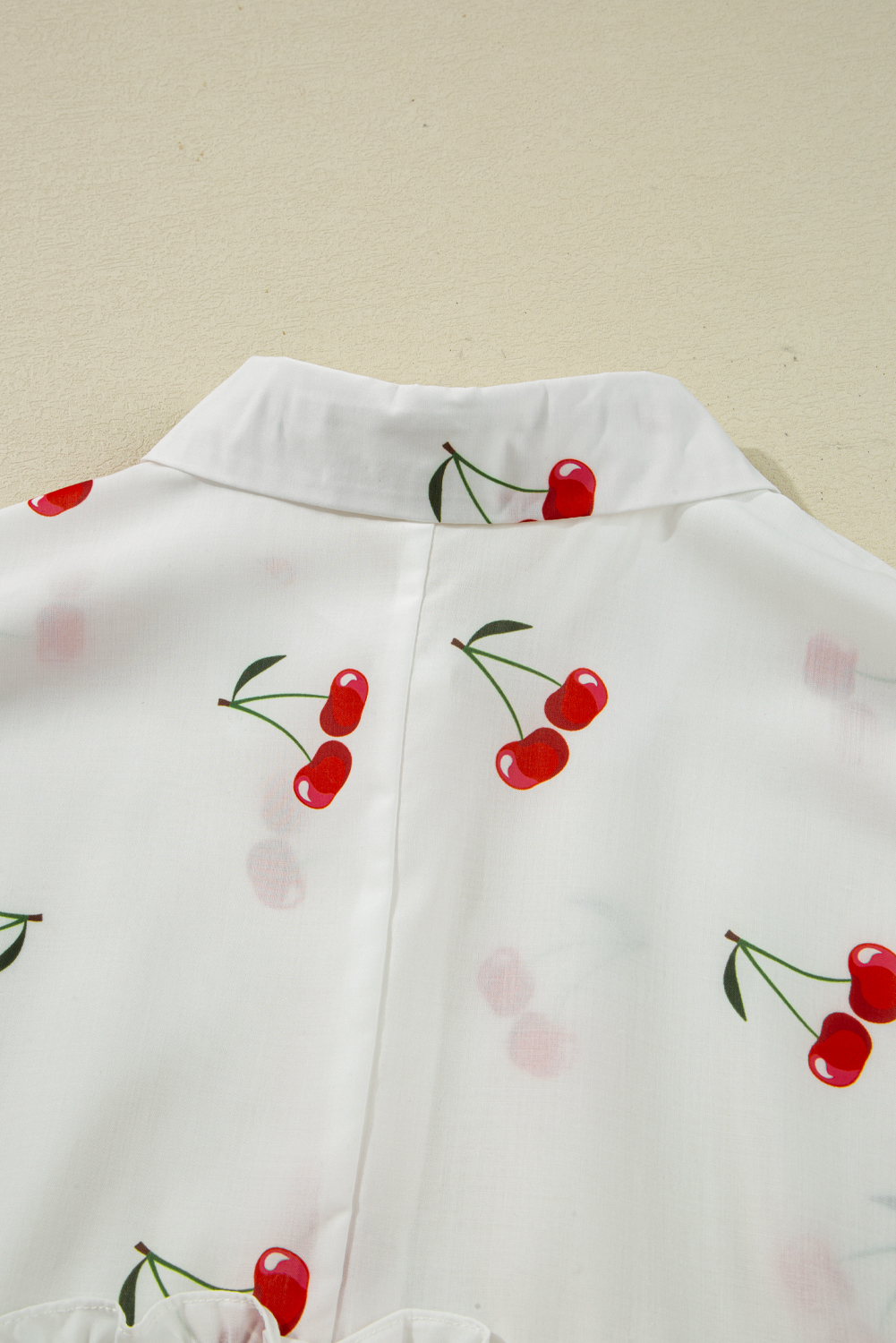 White Cherry Print Flounce Sleeve Collared Frilled Babydoll Blouse