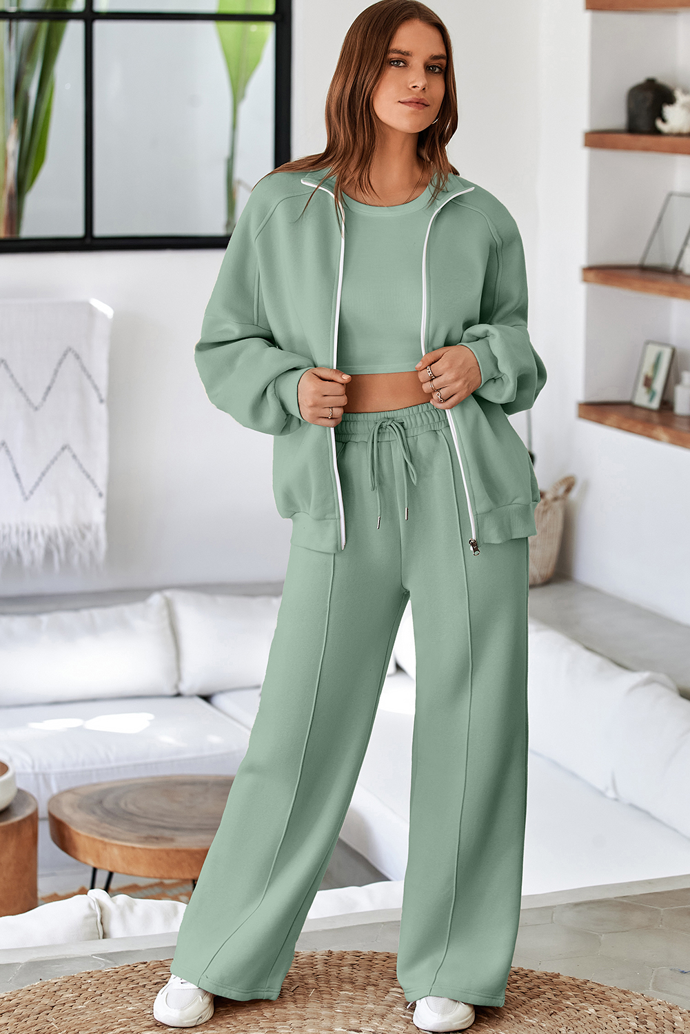 Navy Blue Drop Shoulder Zip Up Jacket Drawstring Pants Active 2pcs Set