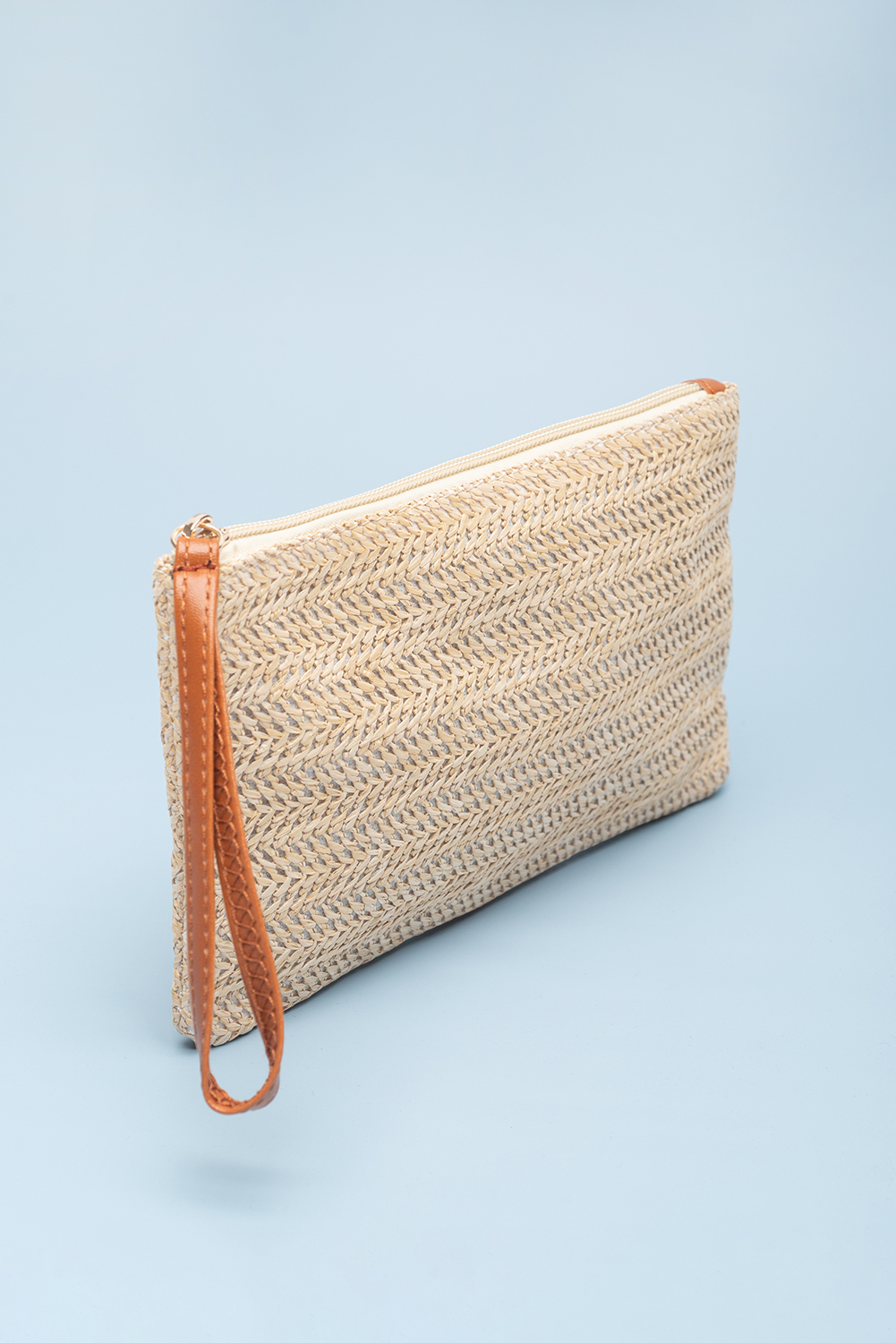 Oatmeal Straw Woven Wrist Strap Zipper Large Wallet