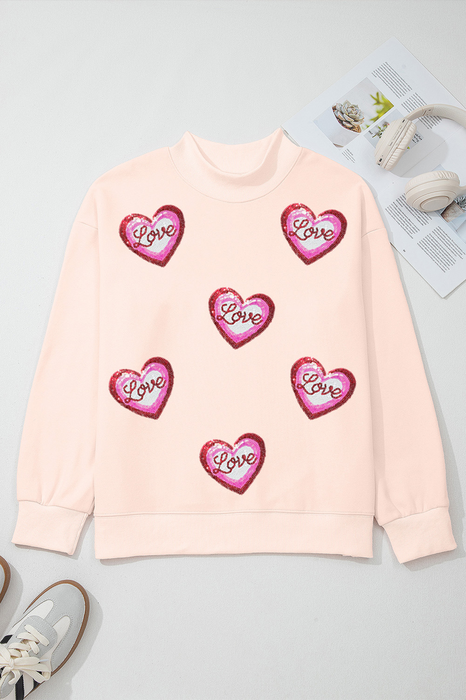 Apricot Pink Sequin Love Heart Patched Mock Neck Sweatshirt