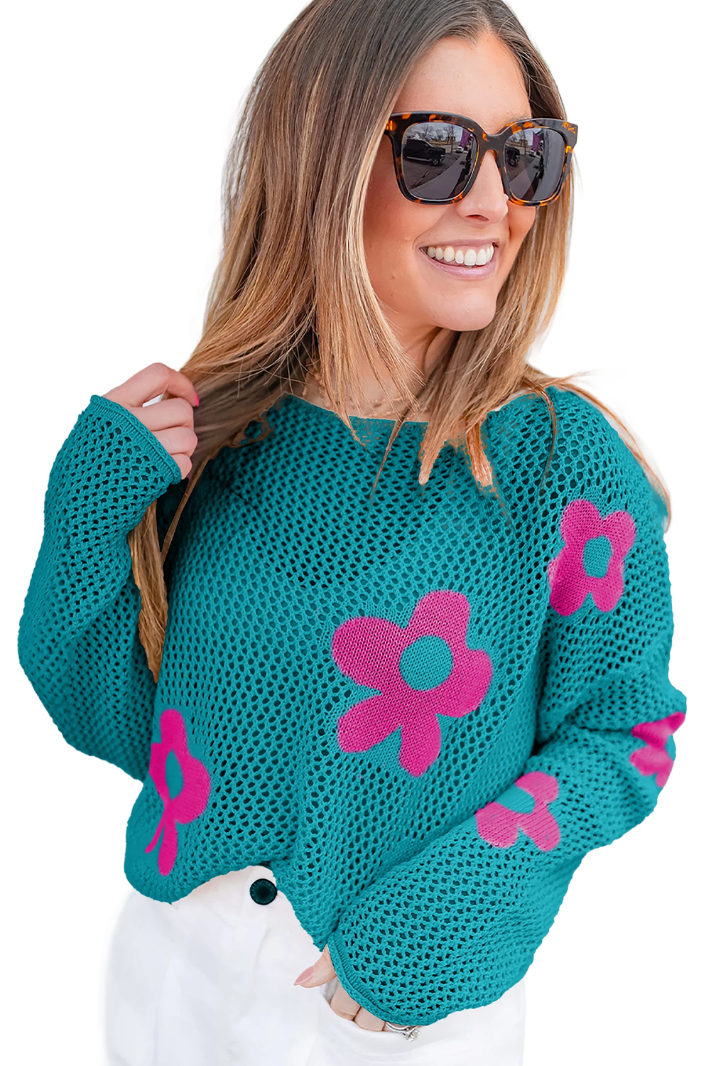Light Pink Big Flower Hollowed Knit Drop Shoulder Sweater