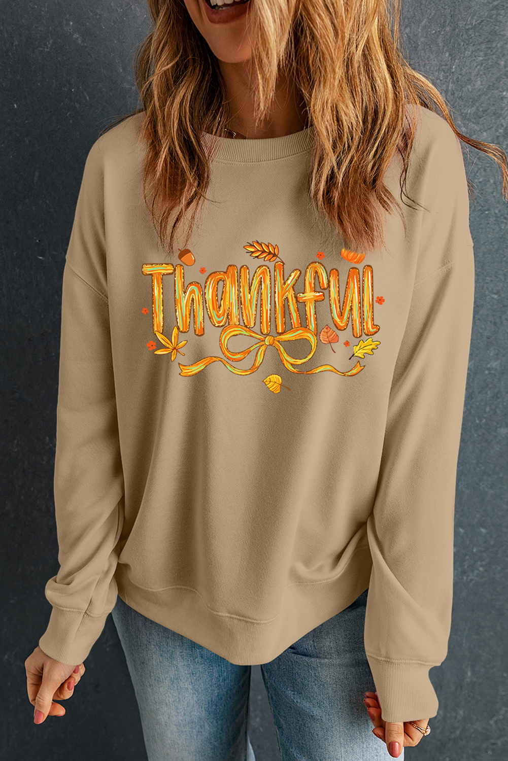 Khaki Thankful Fall Vibe Graphic Thanksgiving Sweatshirt