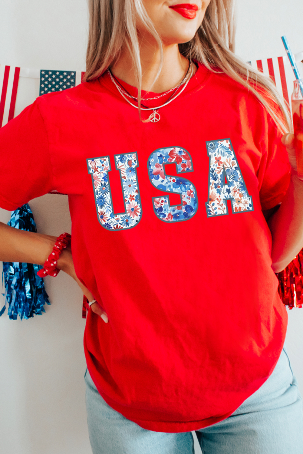 Red Floral USA Graphic Cuffed Sleeve Crew Neck Tee