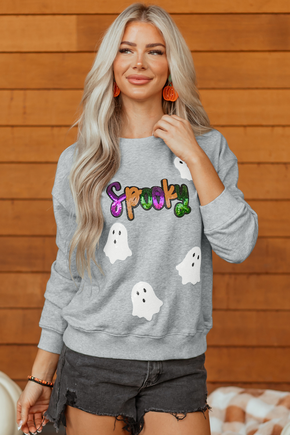 Gray Spooky Halloween Ghost Sequin Patched Sweatshirt