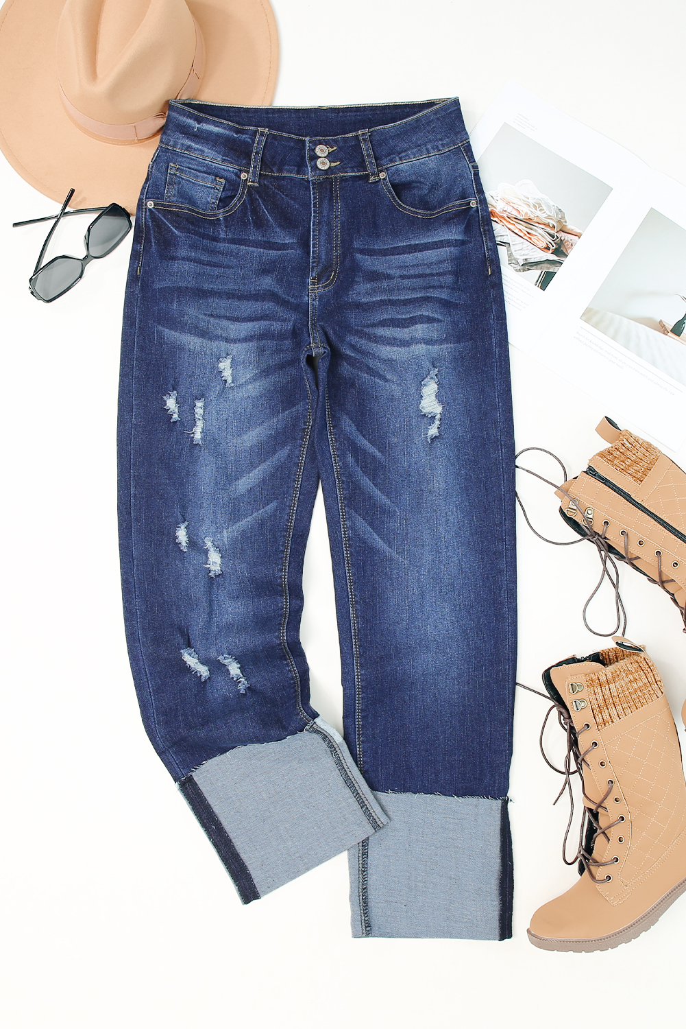 High Waist Distressed Straight Leg Jeans
