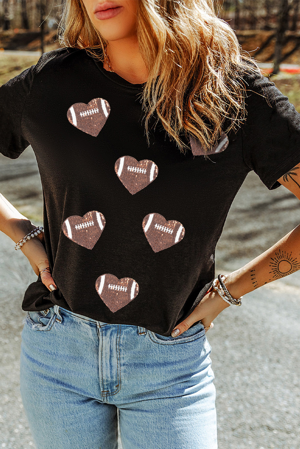 Black Rugby Football Sequin Heart Patched Graphic Tee