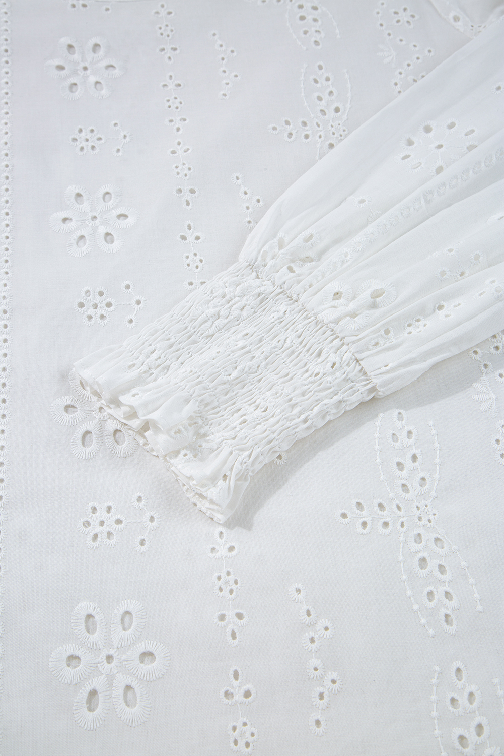 White Eyelet Embroidered Smocked Cuff Sheer Blouse