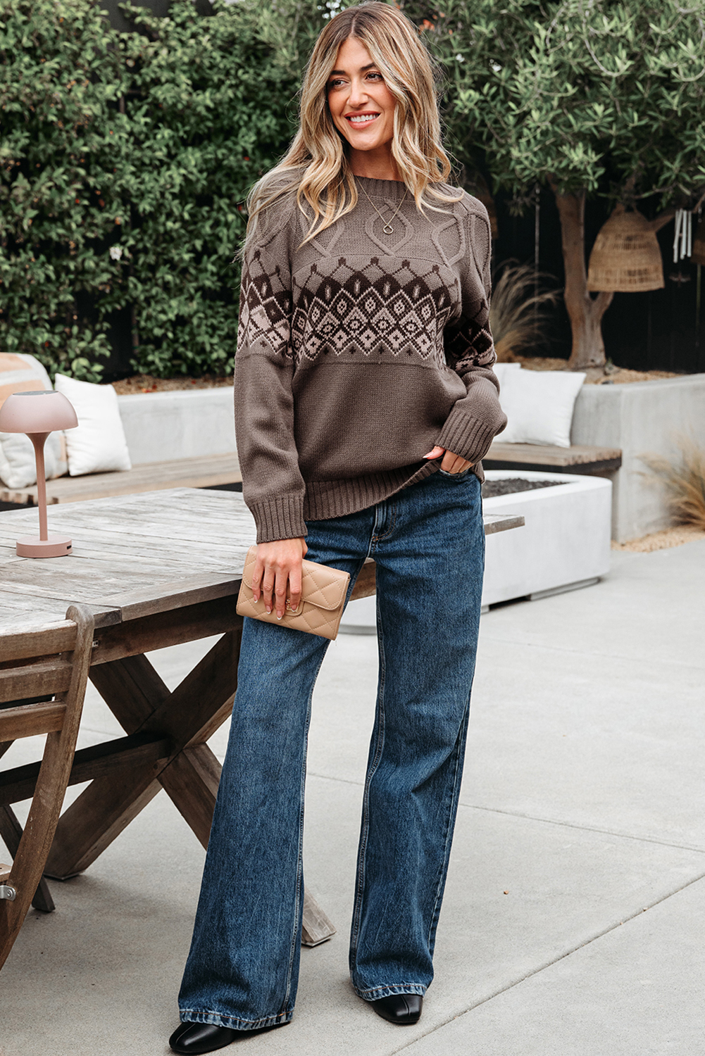 Light French Beige Western Geometric Patterned Crew Neck Knitted Sweater