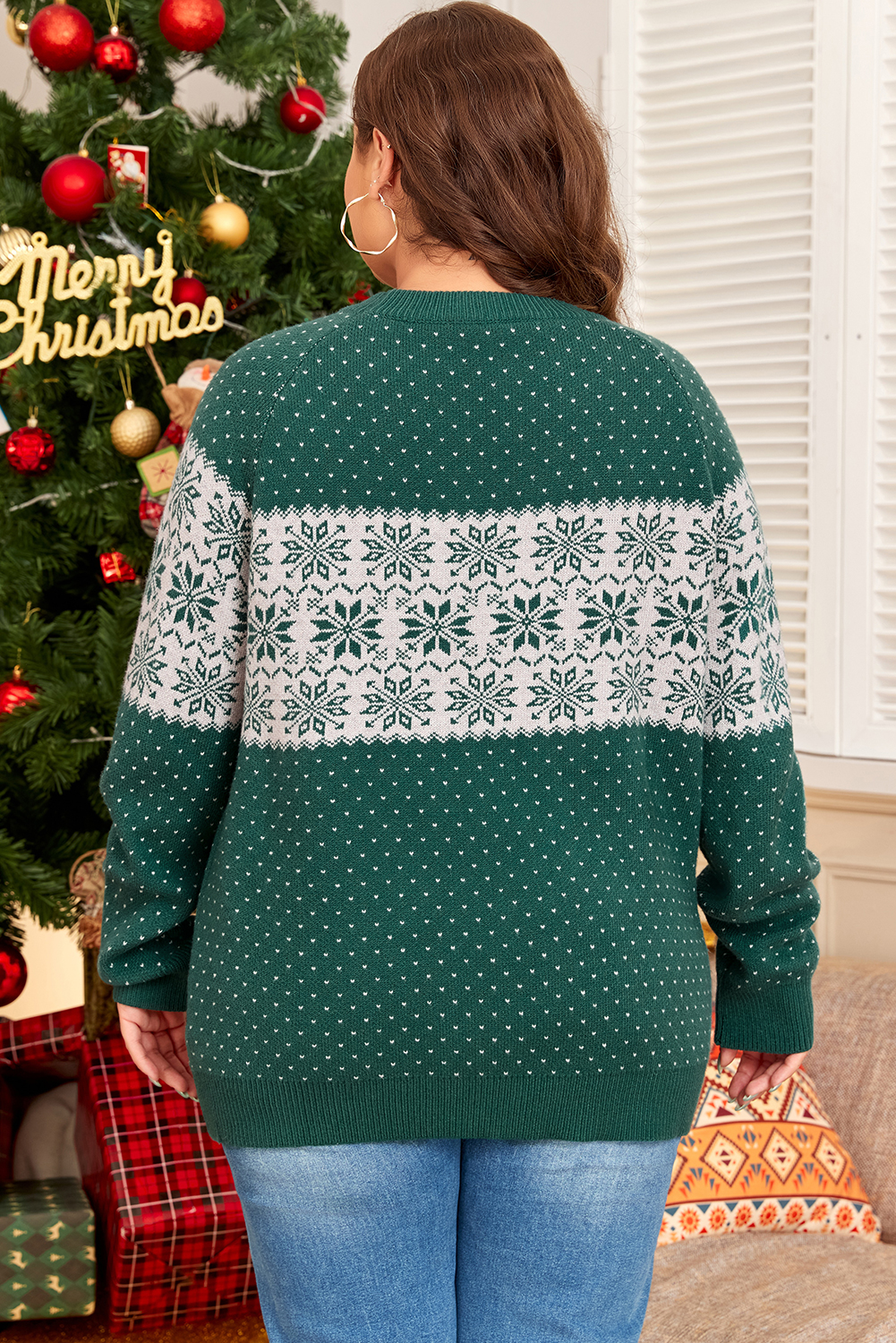 Green Christmas Snowflake Dotted Print Round Neck Sweater