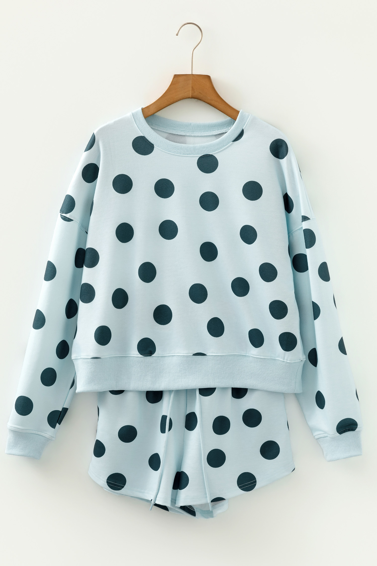 Beige Polka Dot Print Drop Shoulder Pullover Drawstring Jogger Pant Set