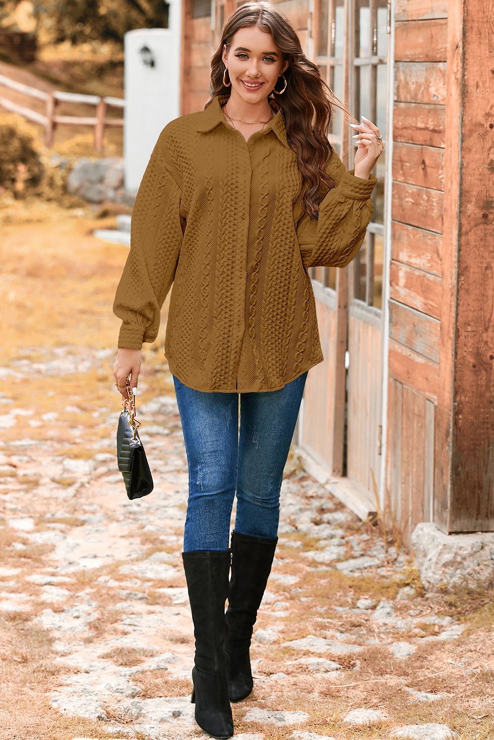 Sepia Rose Cable Texture Puff Sleeve Loose Shacket