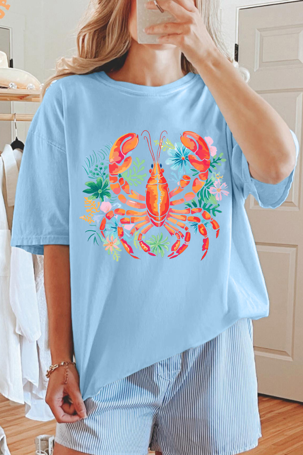 Light Blue Floral Summer Lobster Graphic Tee