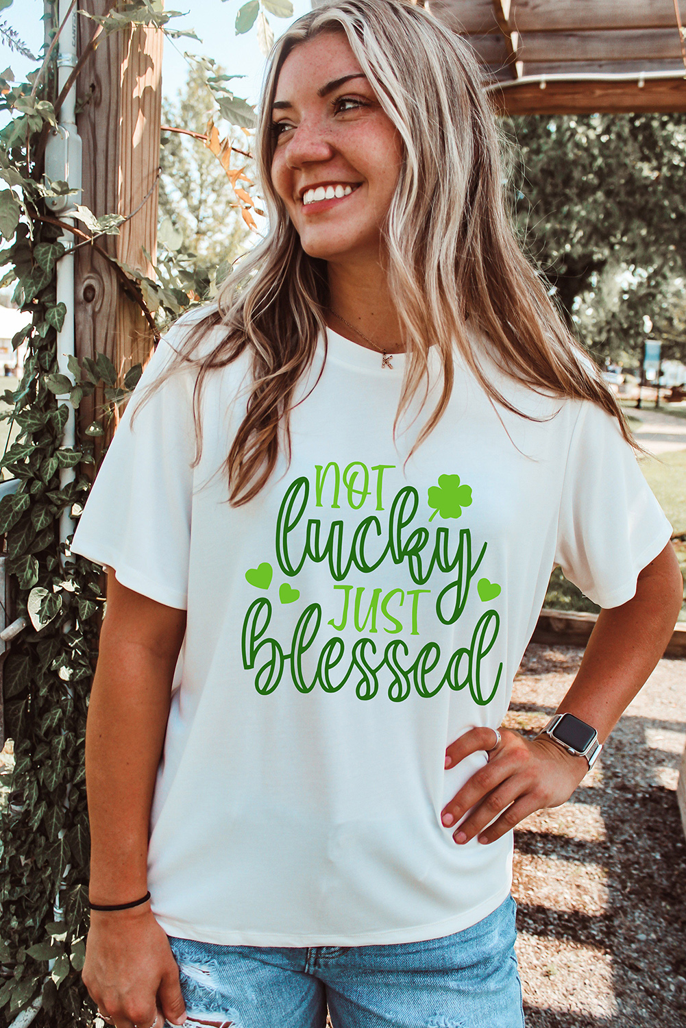 Black St. Patricks Lucky Clover Print O Neck T Shirt