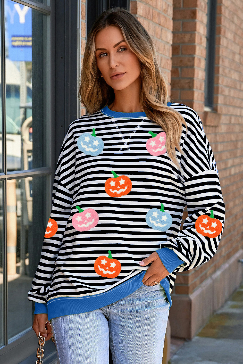 White Stripe Pumpkin Face Patched Pattern Crew Neck Sweatshirt
