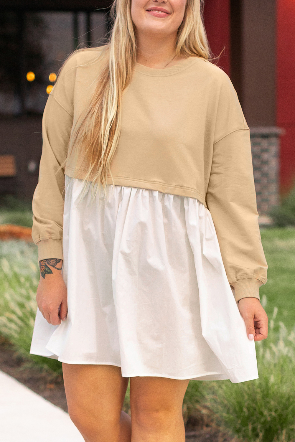 Pale Khaki Sweatshirt Poplin Mini Dress