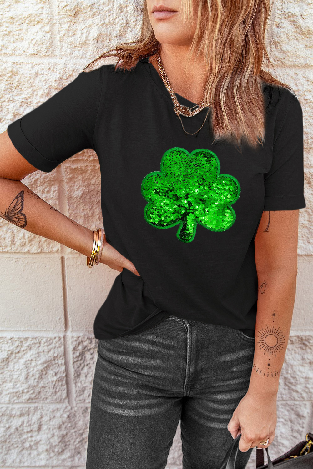 Black St. Patricks Lucky Clover Print O Neck T Shirt