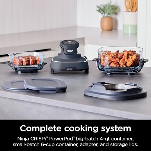 Ninja Crispi 4 in 1 Portable Glass Air Fryer Cooking System, 4QT & 6 Cup Glass Containers with Storage Lids, Easy Meals, Microwave, Freezer & Dishwasher Safe, Air Fry, Bake & More, Cyberspace, FN101GY : Home & Kitchen