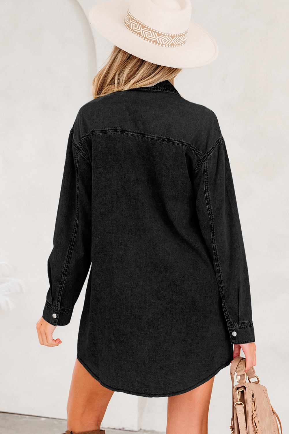 Blue Beau Chest Pocket Raw Hem Denim Loose Shirt Dress